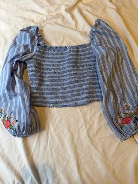 Xhilaration Blue Striped Smocked Crop Top with Embroidered Sleeves